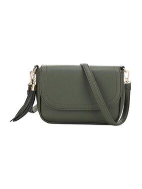 Dark Green Vegan Leather Small Crossbody Bag Flap Saddle Purse With Tassel